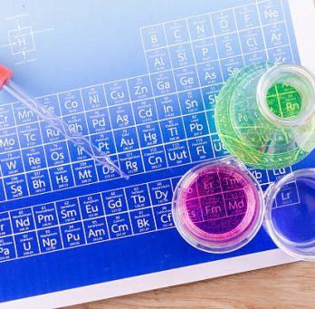 Laboratory glassware and periodic table of elements.